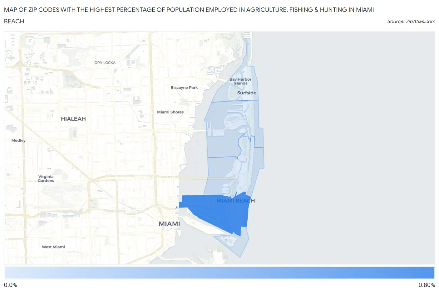 Zip Codes with the Highest Percentage of Population Employed in Agriculture, Fishing & Hunting in Miami Beach Map