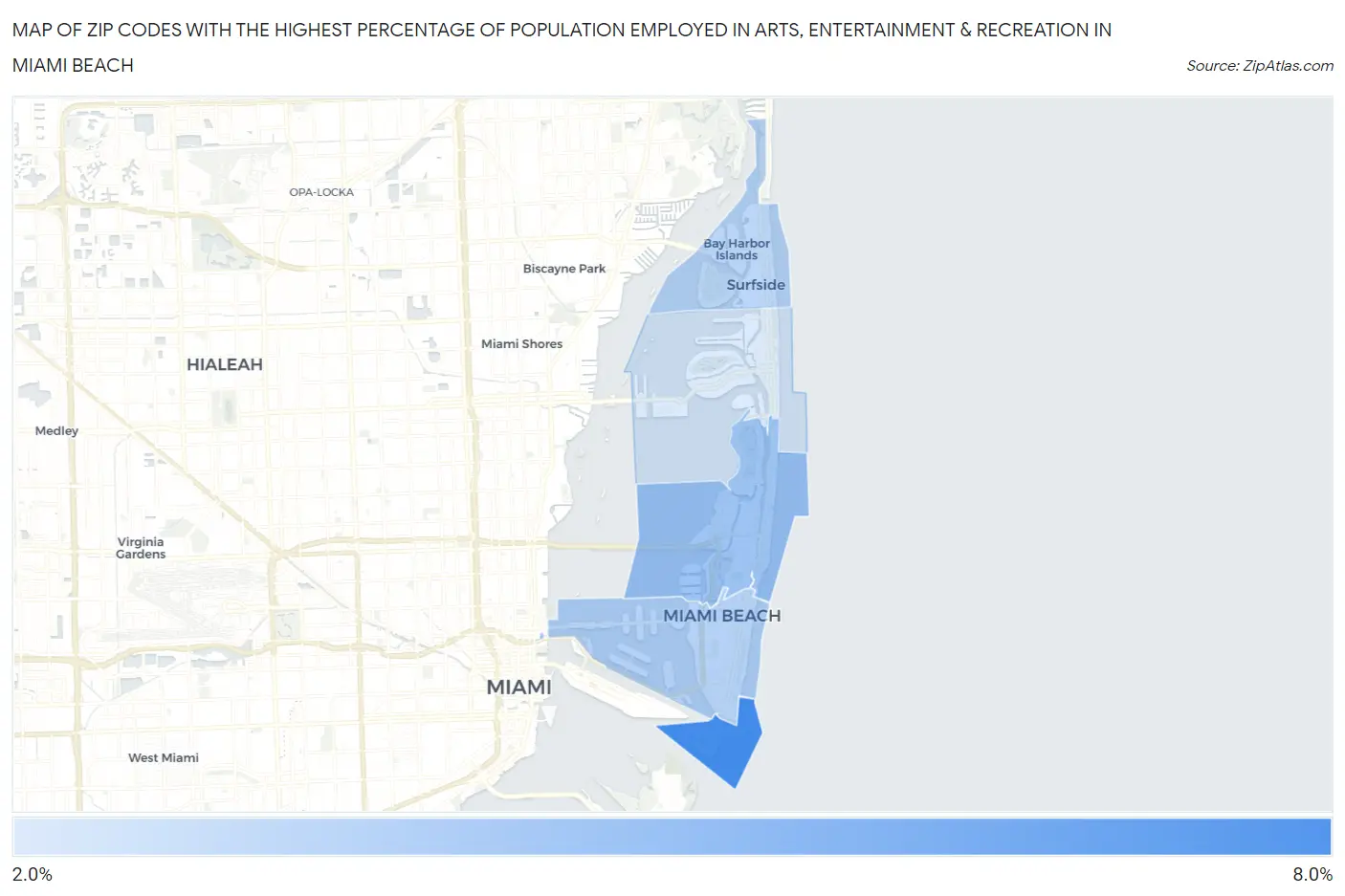 Zip Codes with the Highest Percentage of Population Employed in Arts, Entertainment & Recreation in Miami Beach Map