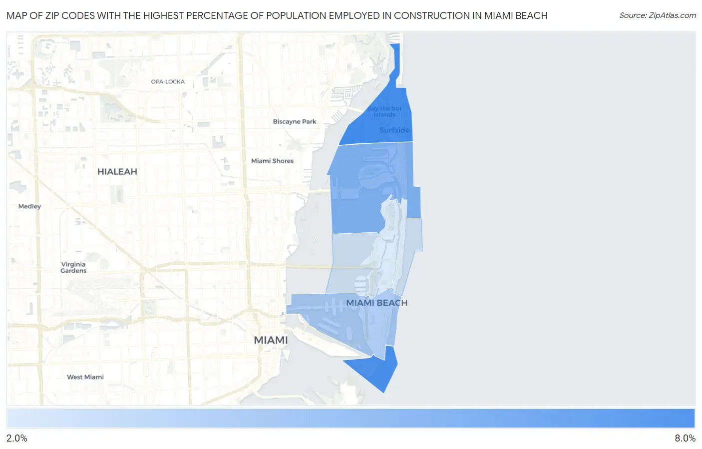 Zip Codes with the Highest Percentage of Population Employed in Construction in Miami Beach Map