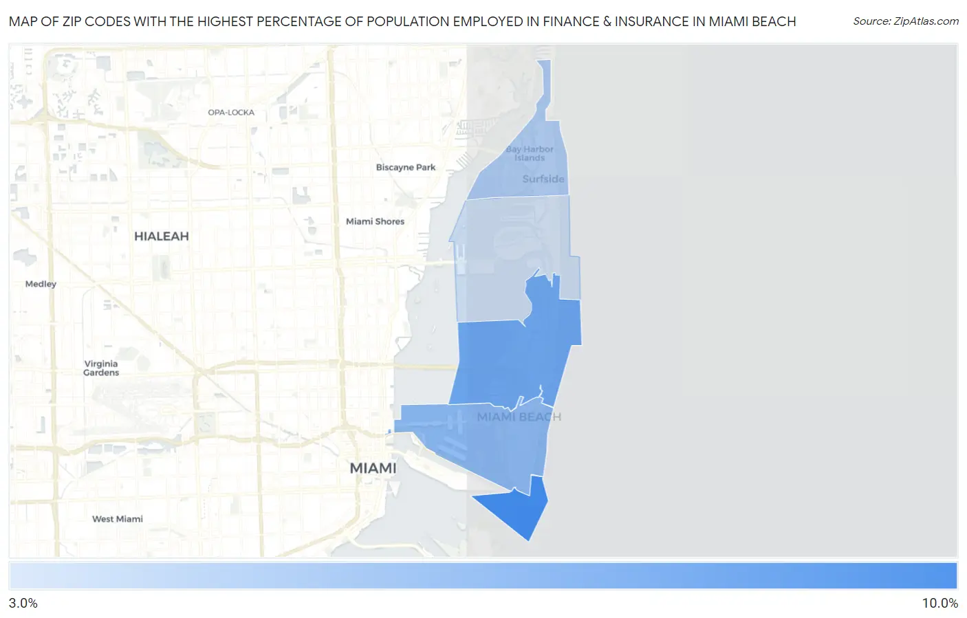 Zip Codes with the Highest Percentage of Population Employed in Finance & Insurance in Miami Beach Map