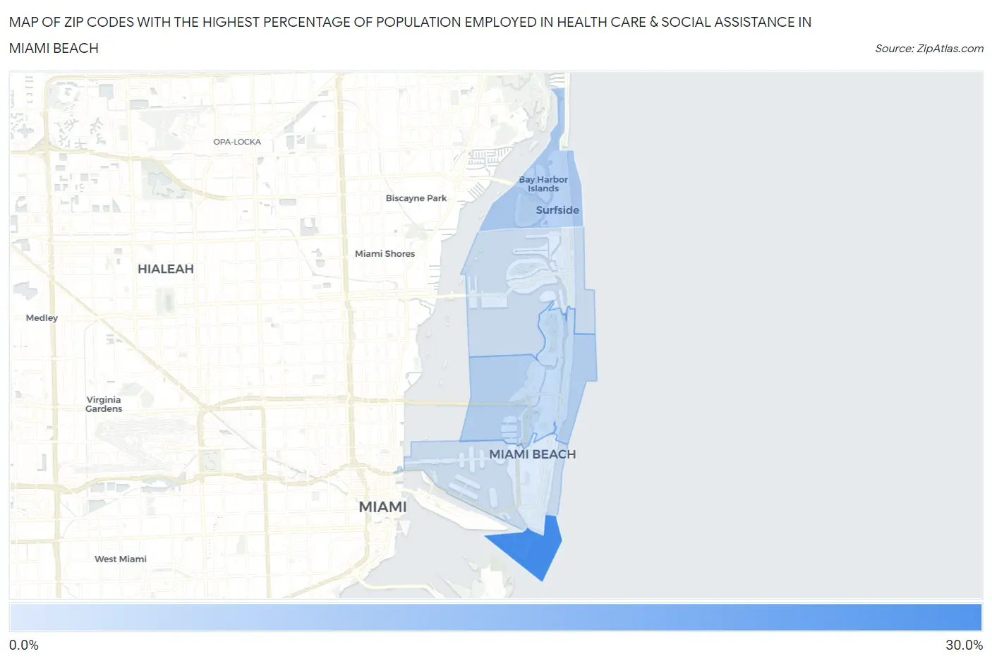 Zip Codes with the Highest Percentage of Population Employed in Health Care & Social Assistance in Miami Beach Map
