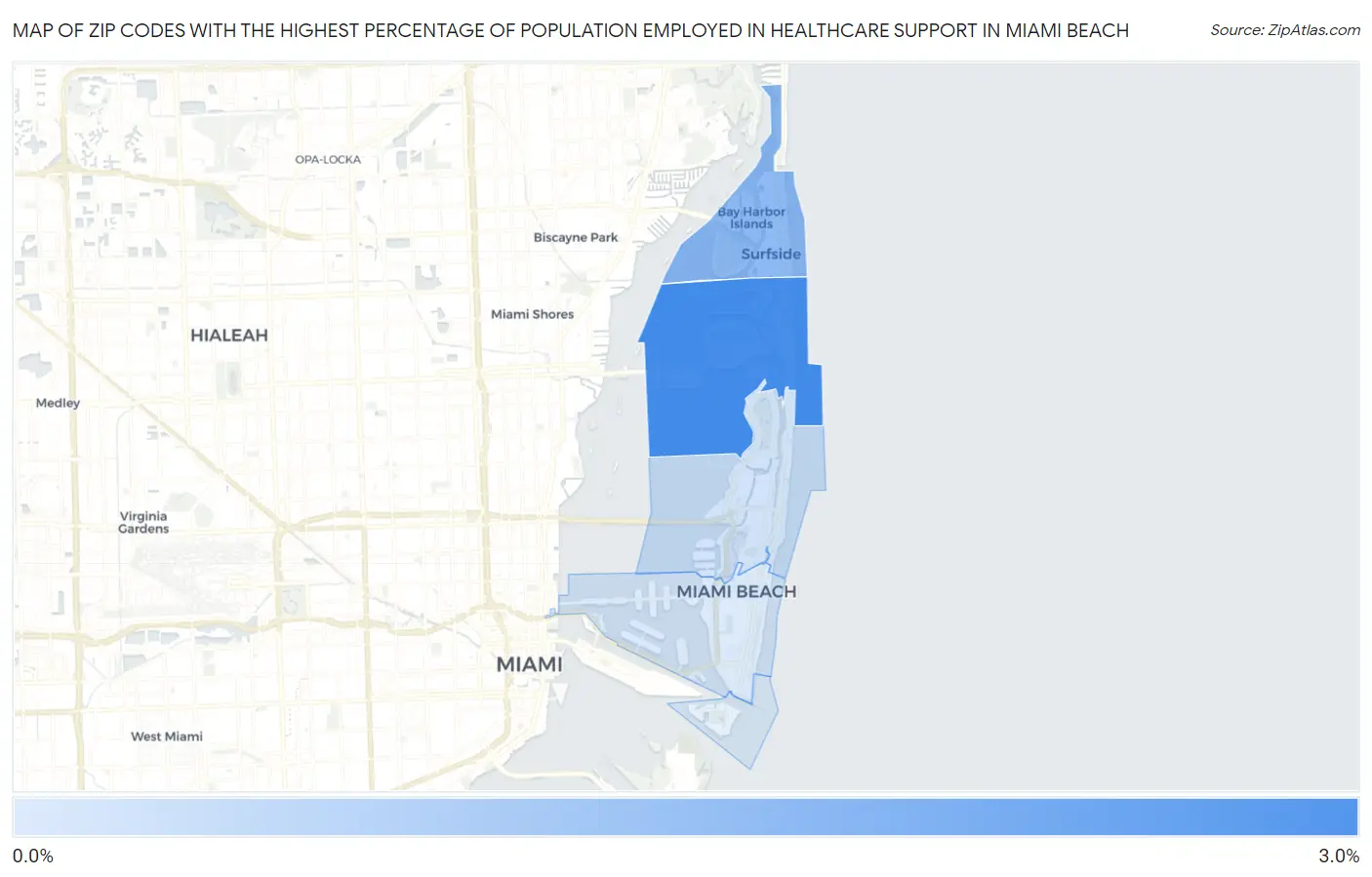 Zip Codes with the Highest Percentage of Population Employed in Healthcare Support in Miami Beach Map