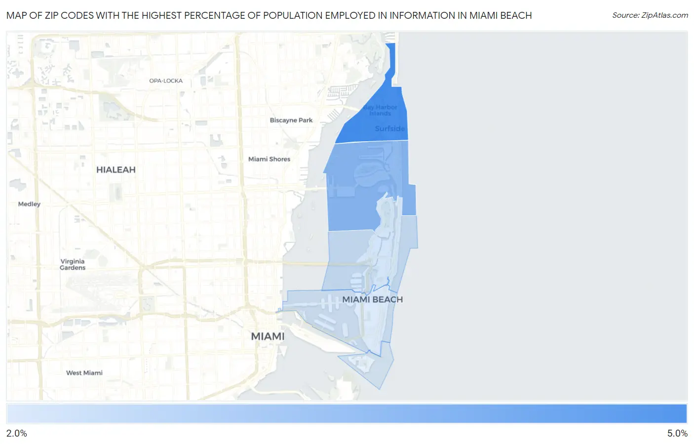 Zip Codes with the Highest Percentage of Population Employed in Information in Miami Beach Map