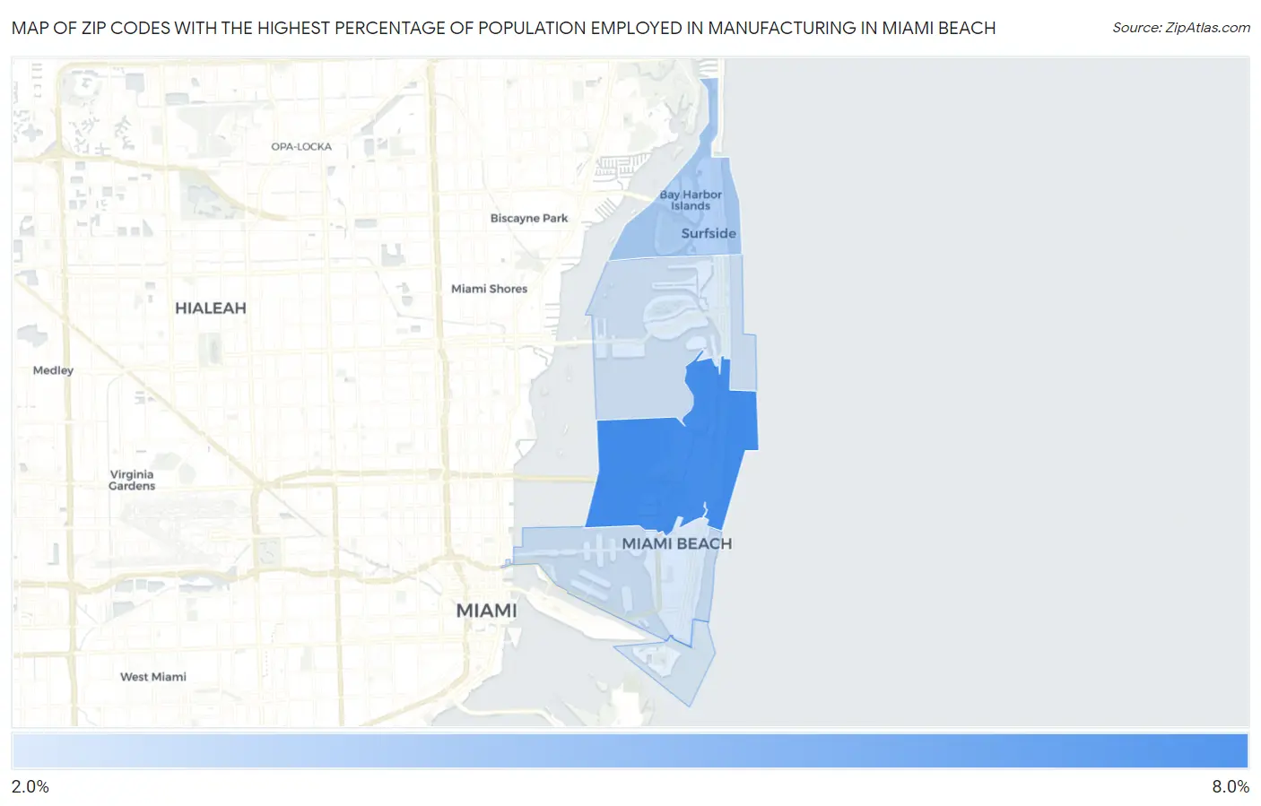 Zip Codes with the Highest Percentage of Population Employed in Manufacturing in Miami Beach Map
