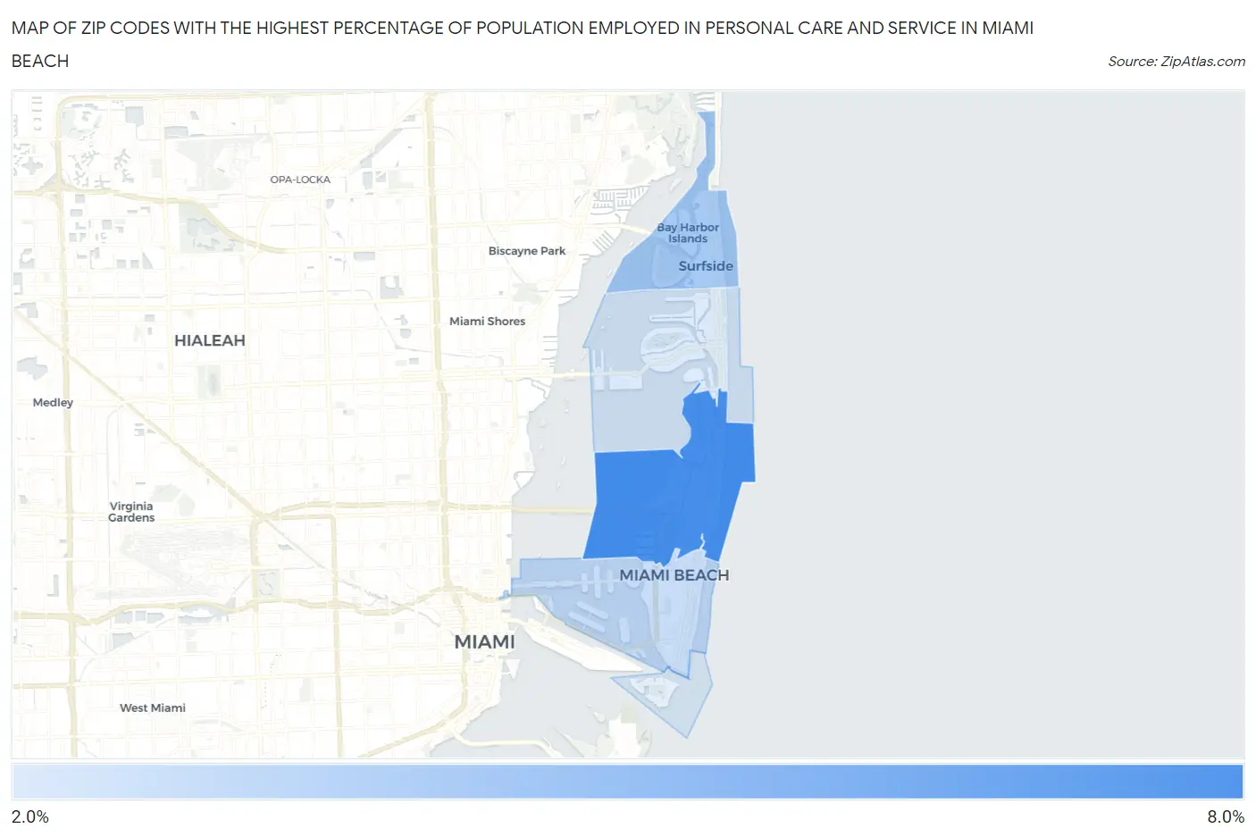 Zip Codes with the Highest Percentage of Population Employed in Personal Care and Service in Miami Beach Map
