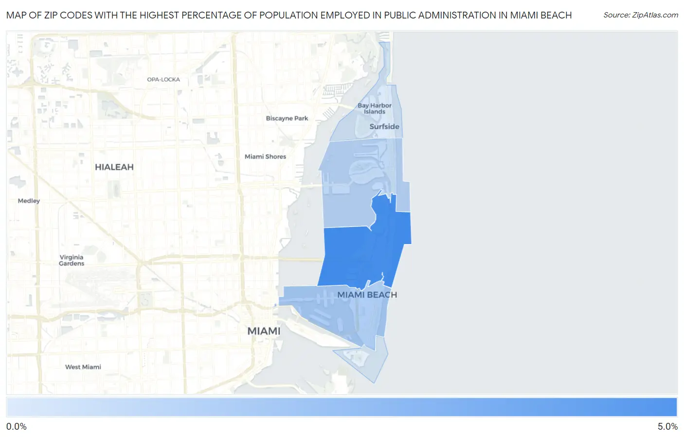 Zip Codes with the Highest Percentage of Population Employed in Public Administration in Miami Beach Map