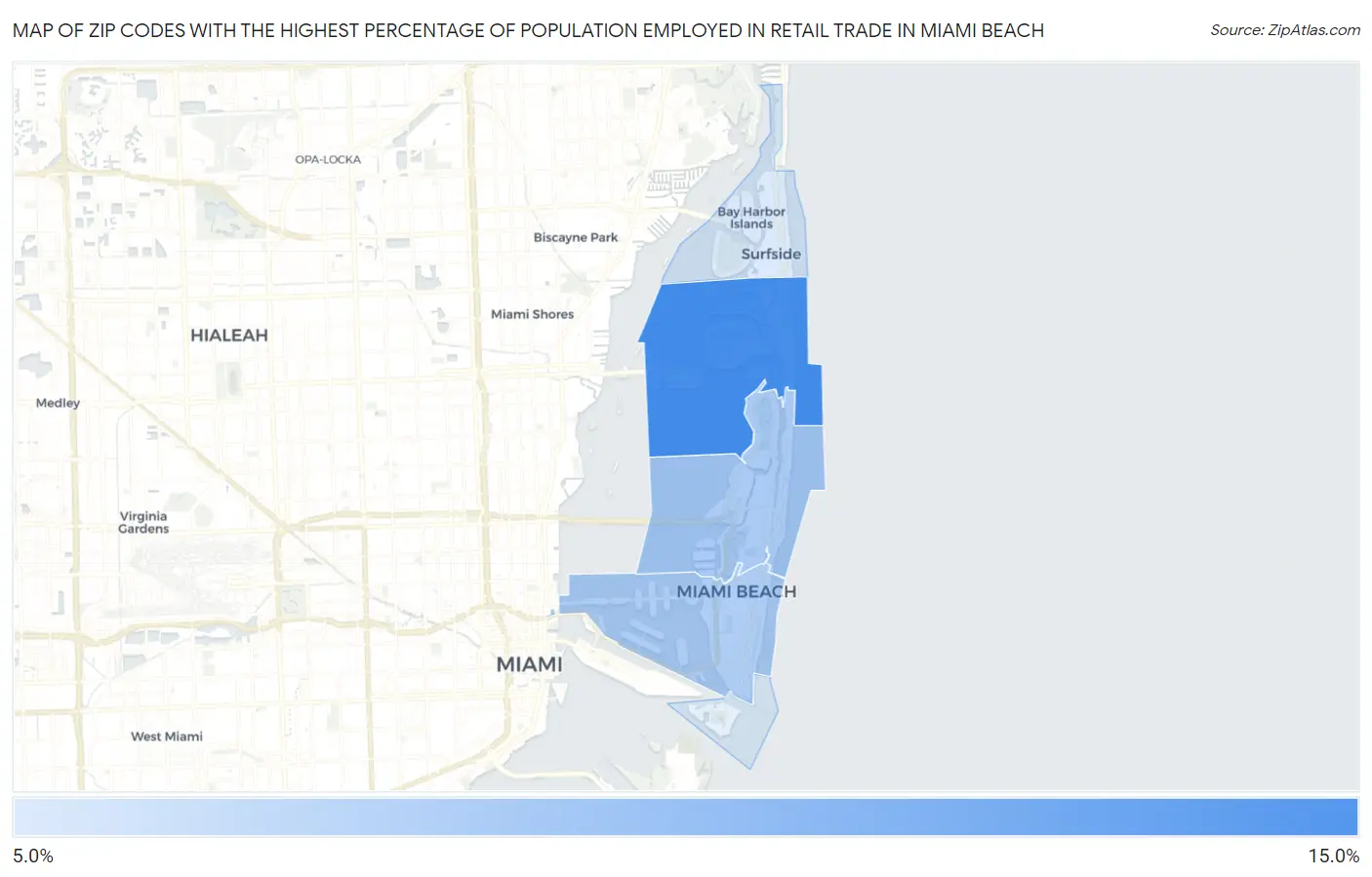 Zip Codes with the Highest Percentage of Population Employed in Retail Trade in Miami Beach Map