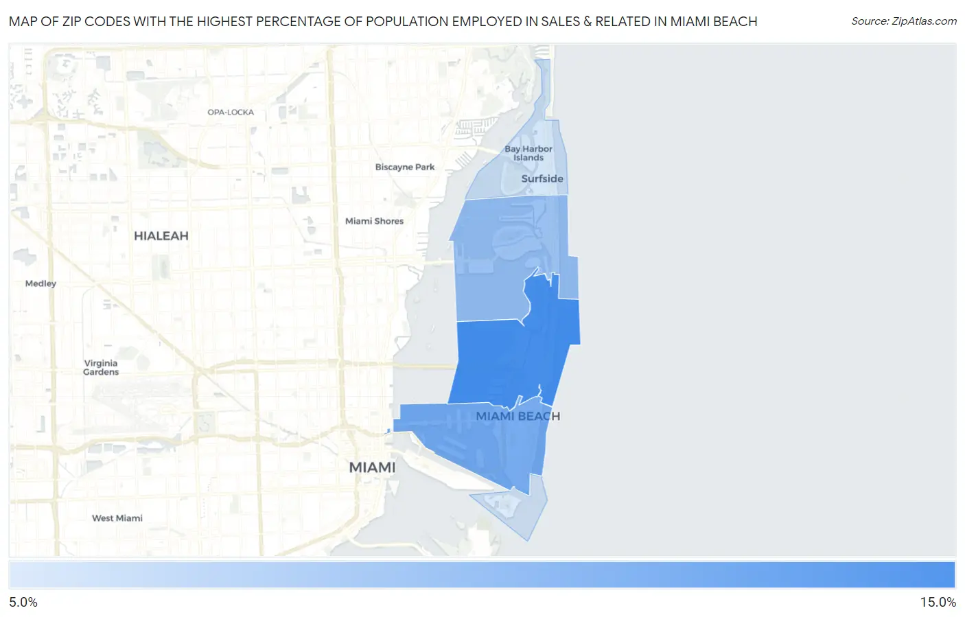 Zip Codes with the Highest Percentage of Population Employed in Sales & Related in Miami Beach Map