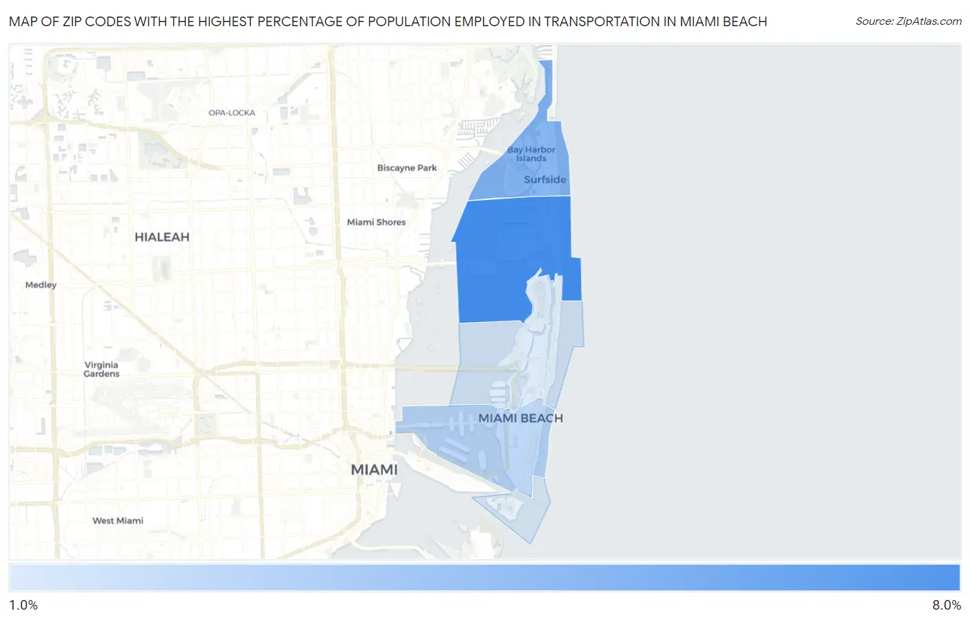Zip Codes with the Highest Percentage of Population Employed in Transportation in Miami Beach Map