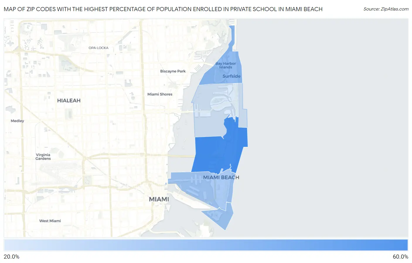 Zip Codes with the Highest Percentage of Population Enrolled in Private School in Miami Beach Map