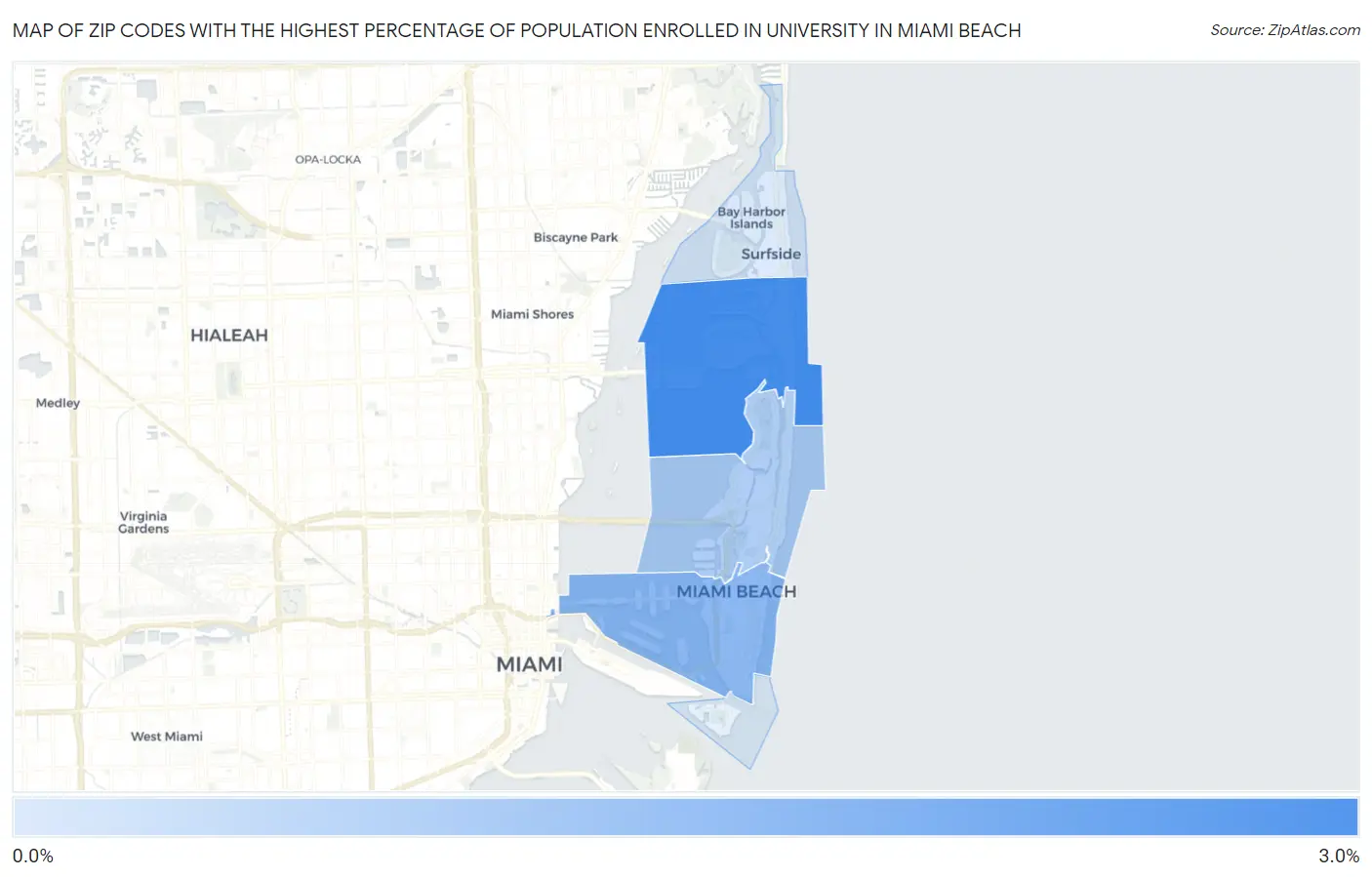 Zip Codes with the Highest Percentage of Population Enrolled in University in Miami Beach Map