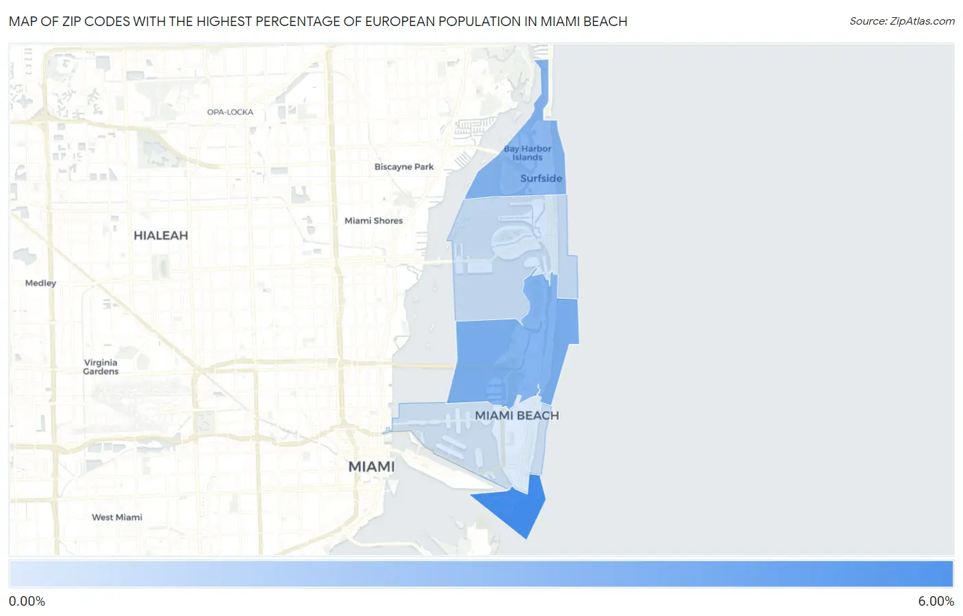 Zip Codes with the Highest Percentage of European Population in Miami Beach Map