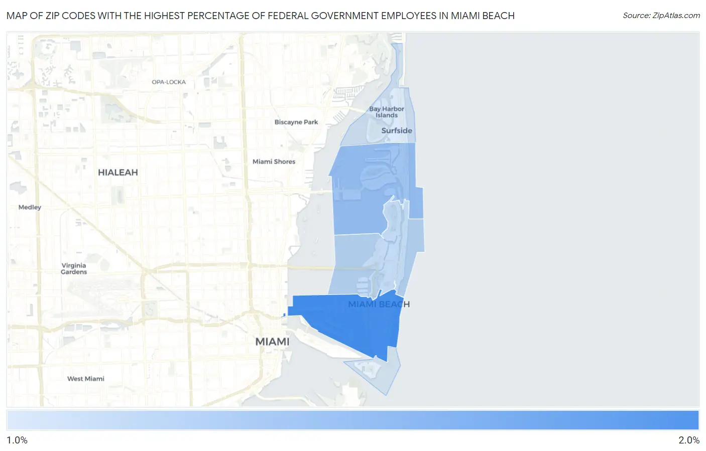 Zip Codes with the Highest Percentage of Federal Government Employees in Miami Beach Map