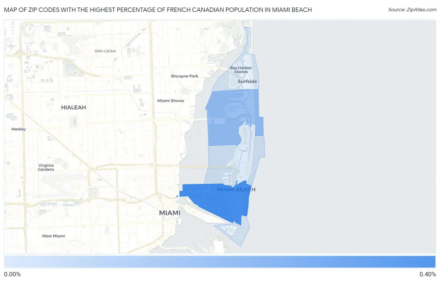Zip Codes with the Highest Percentage of French Canadian Population in Miami Beach Map