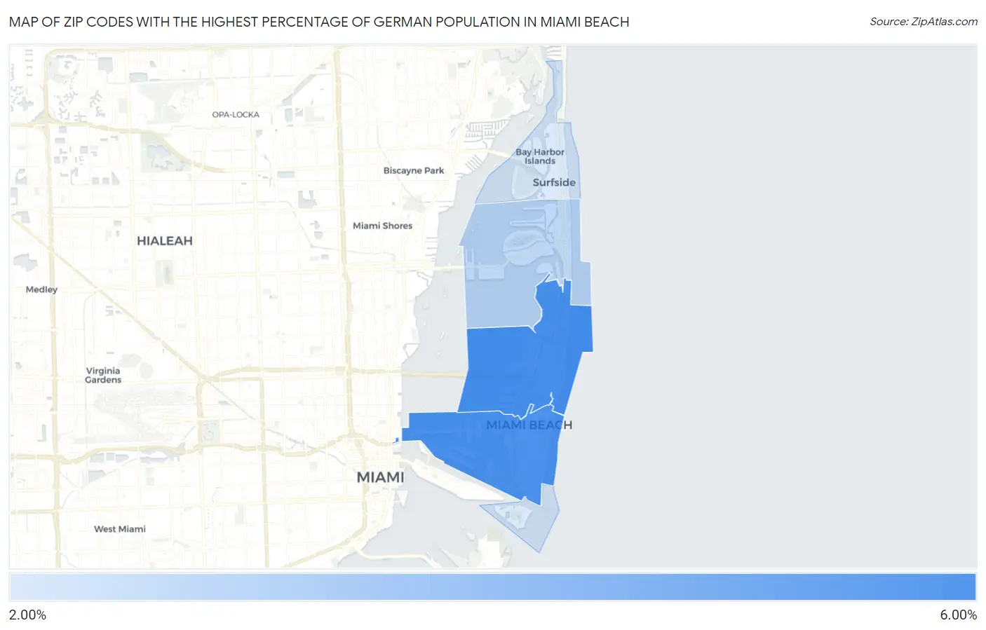 Zip Codes with the Highest Percentage of German Population in Miami Beach Map