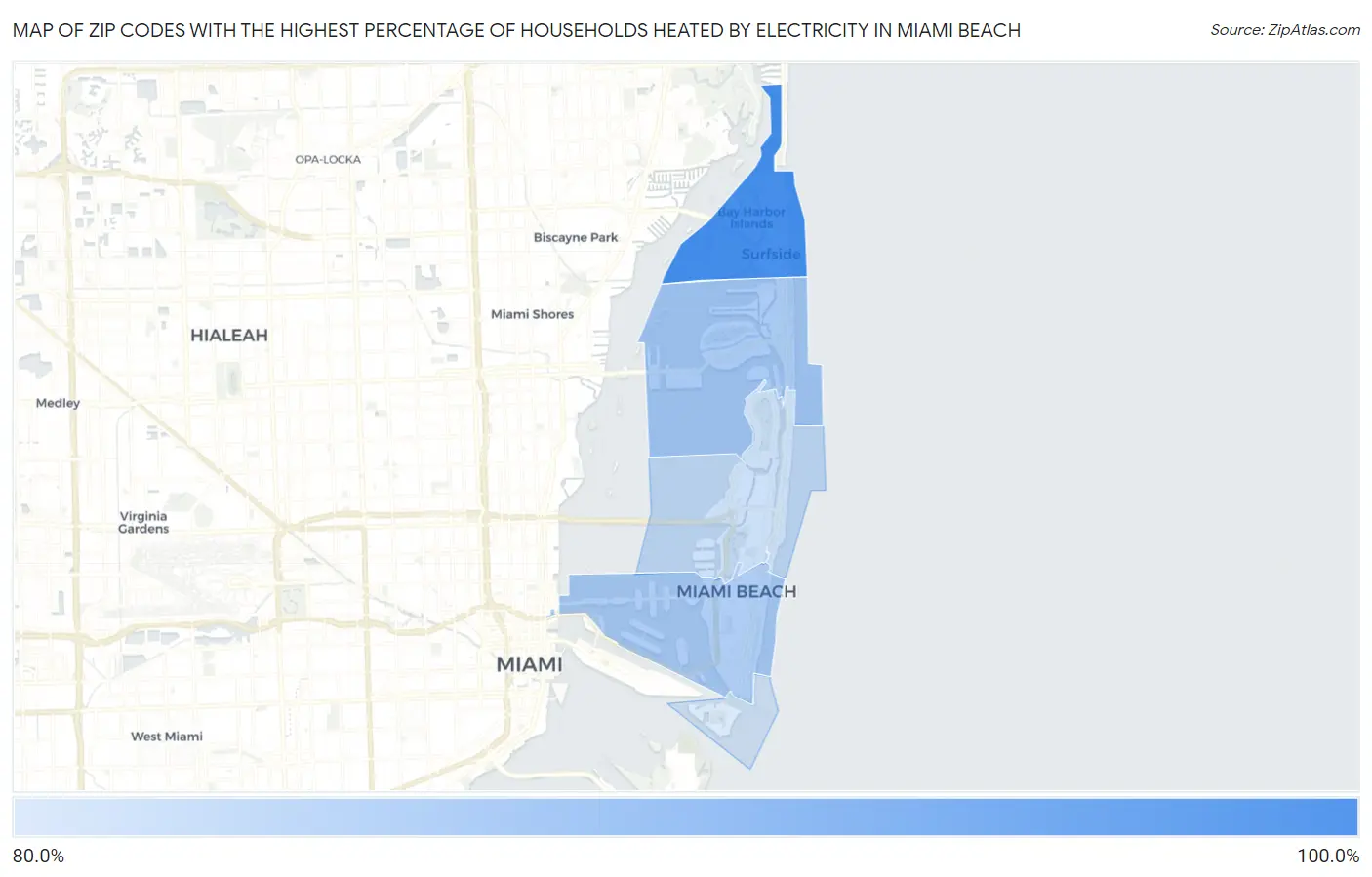 Zip Codes with the Highest Percentage of Households Heated by Electricity in Miami Beach Map
