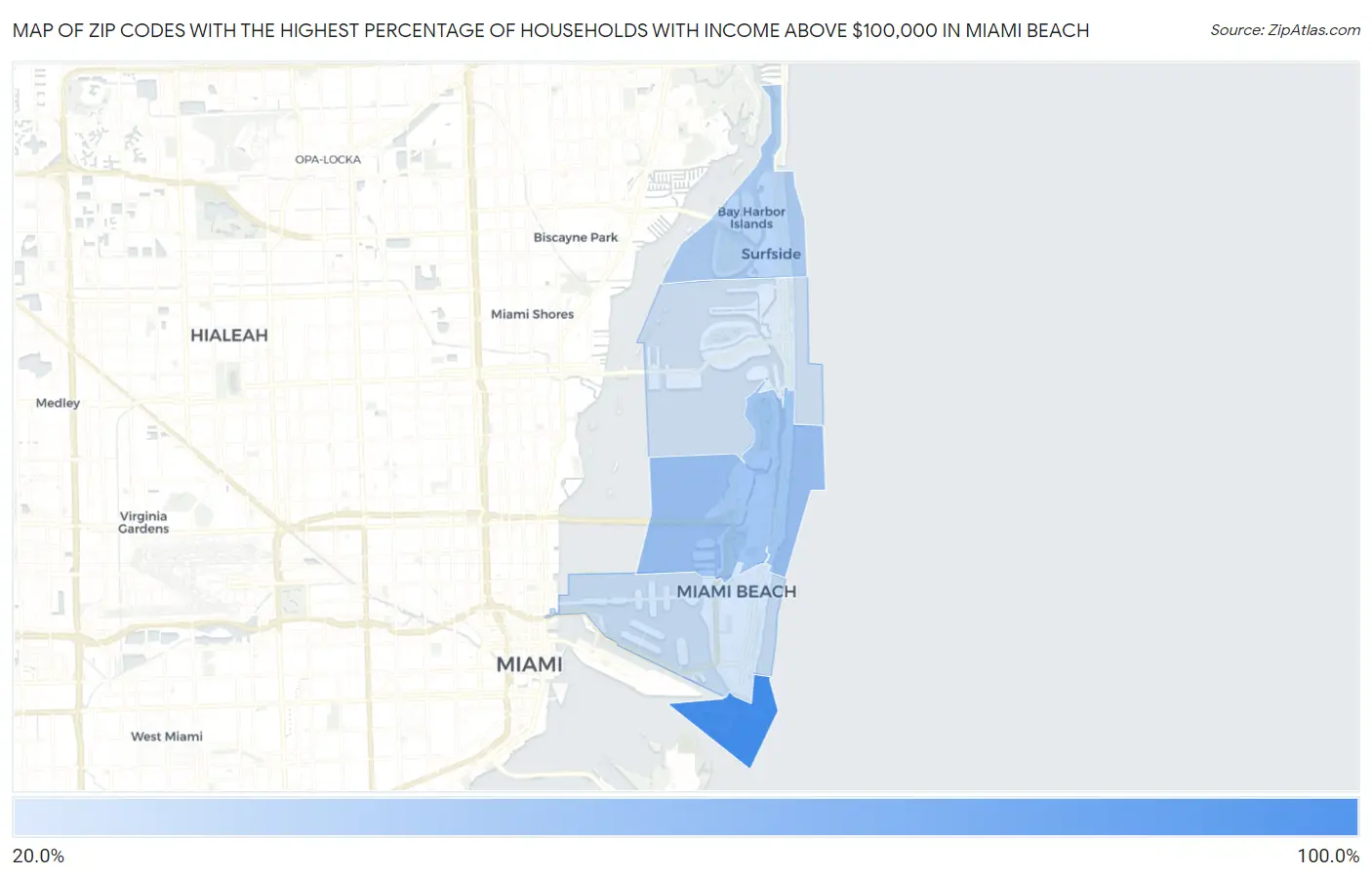 Zip Codes with the Highest Percentage of Households with Income Above $100,000 in Miami Beach Map
