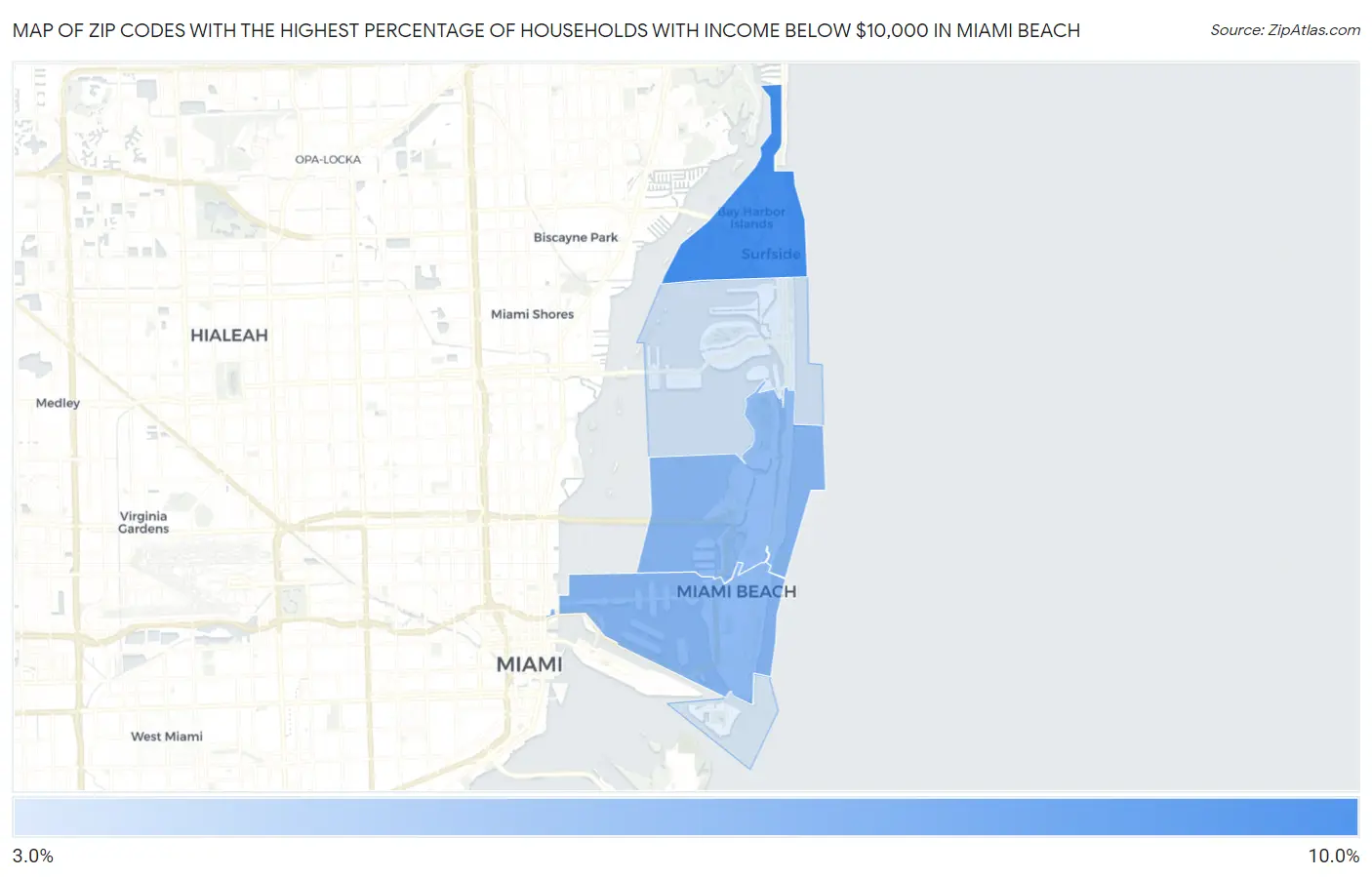 Zip Codes with the Highest Percentage of Households with Income Below $10,000 in Miami Beach Map