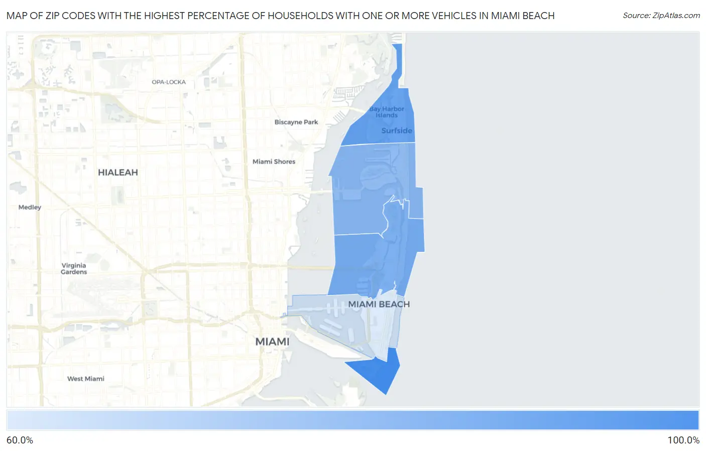 Zip Codes with the Highest Percentage of Households With One or more Vehicles in Miami Beach Map