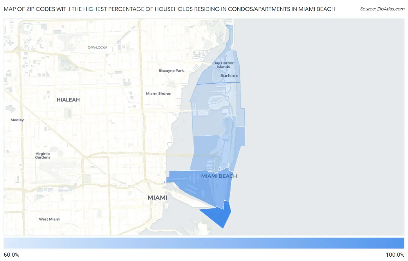 Zip Codes with the Highest Percentage of Households Residing in Condos/Apartments in Miami Beach Map