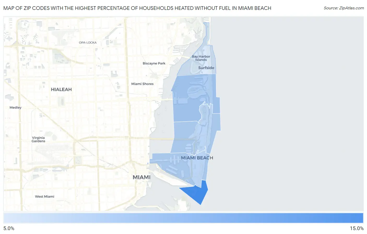 Zip Codes with the Highest Percentage of Households Heated without Fuel in Miami Beach Map