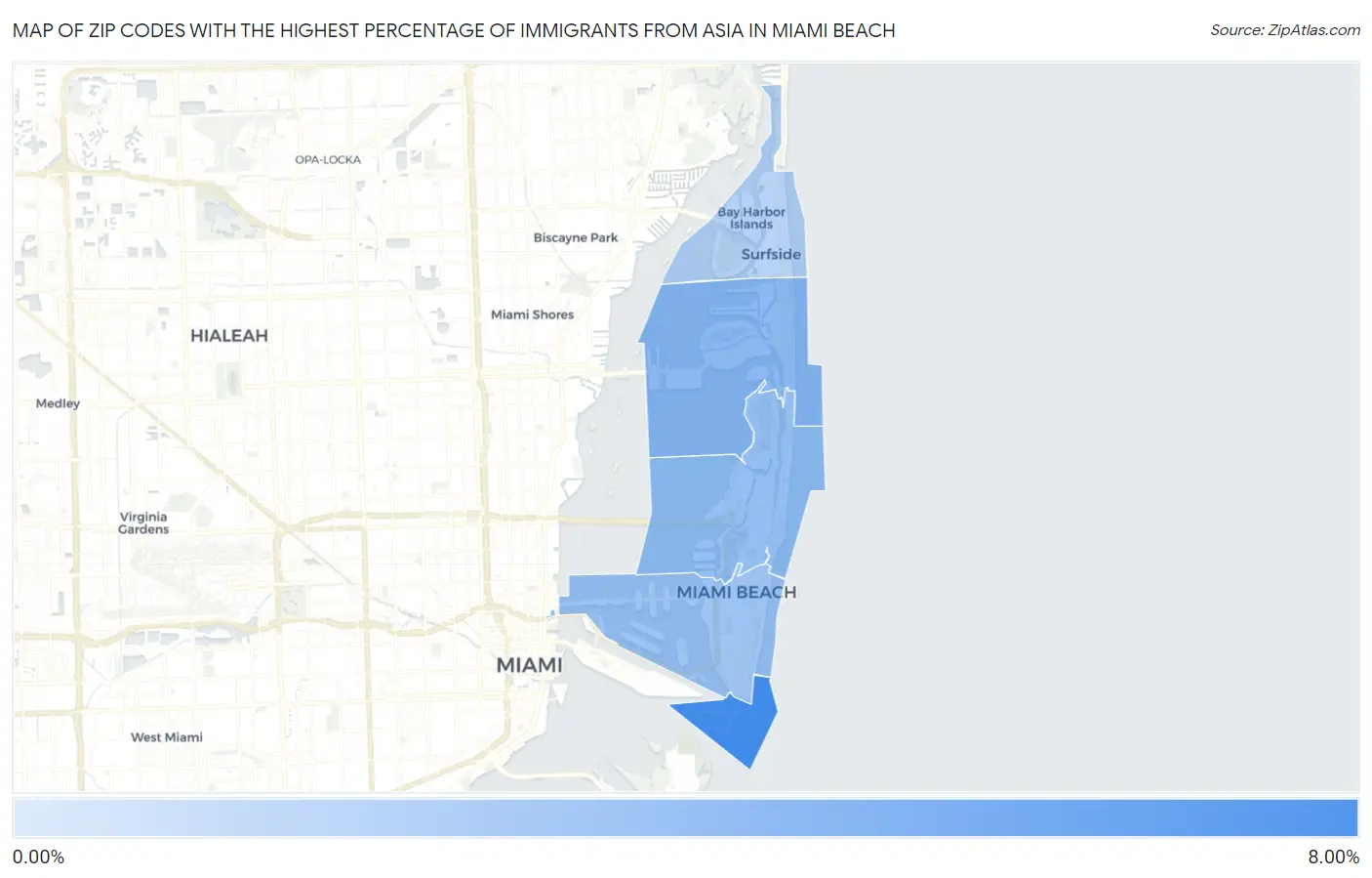 Zip Codes with the Highest Percentage of Immigrants from Asia in Miami Beach Map