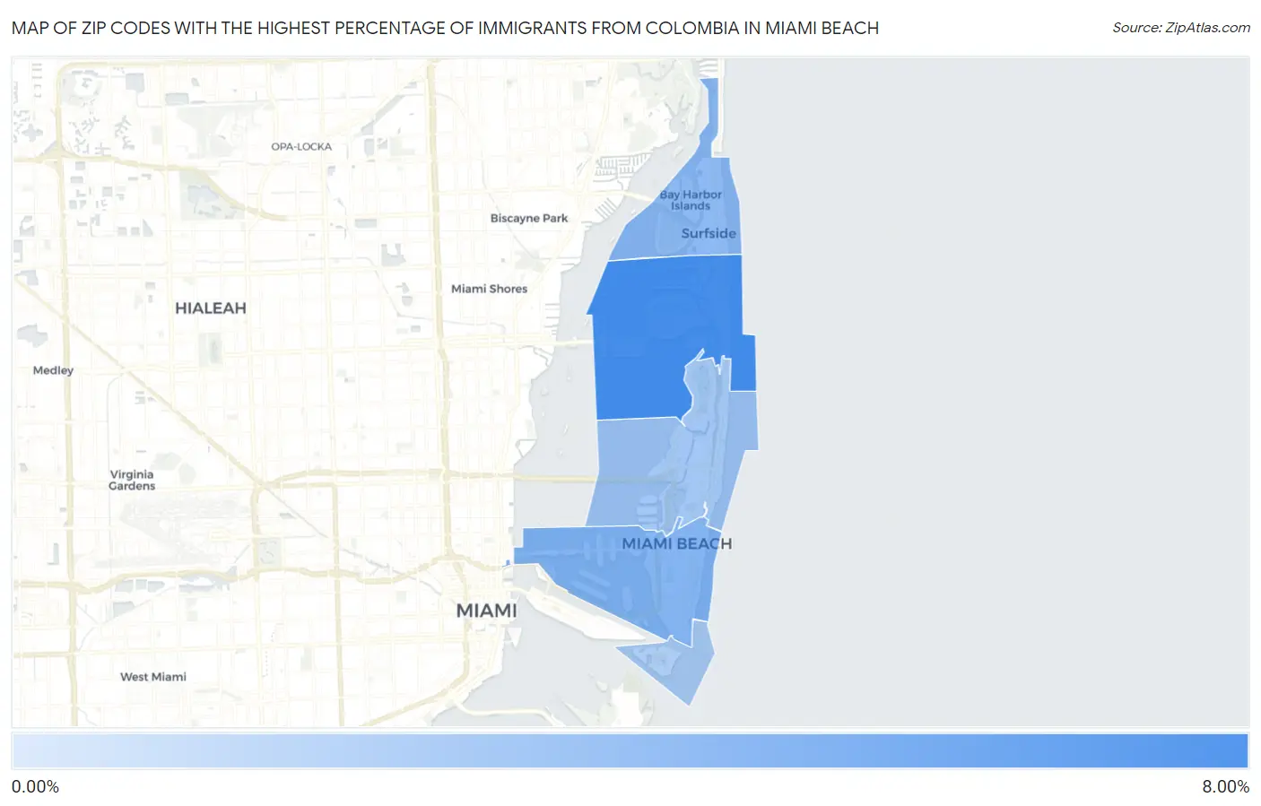 Zip Codes with the Highest Percentage of Immigrants from Colombia in Miami Beach Map