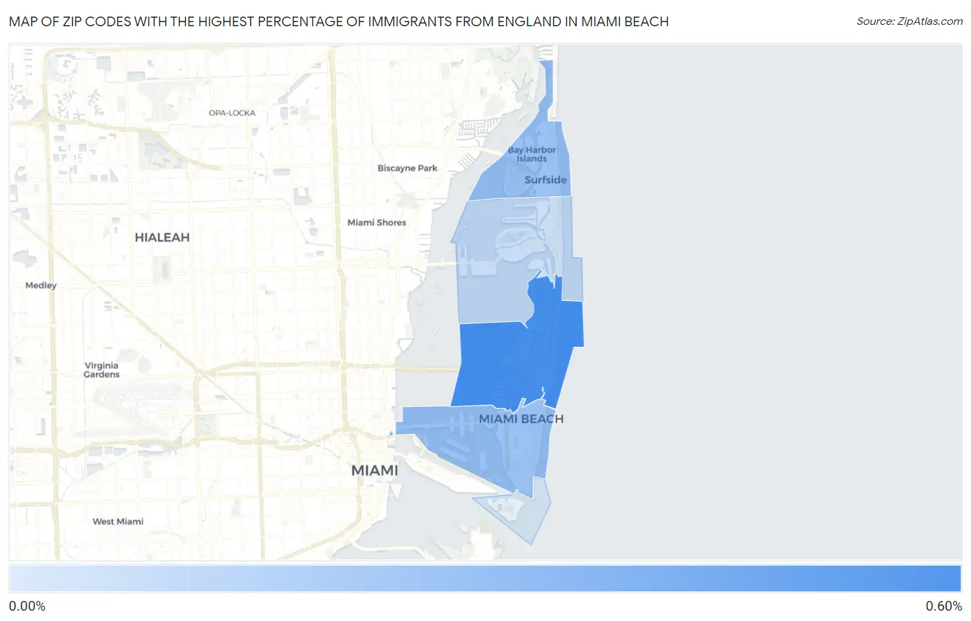 Zip Codes with the Highest Percentage of Immigrants from England in Miami Beach Map