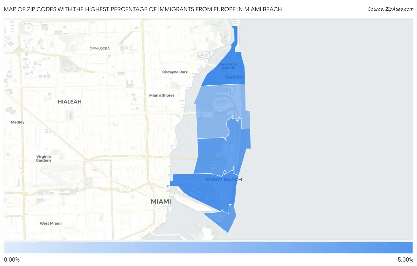 Zip Codes with the Highest Percentage of Immigrants from Europe in Miami Beach Map