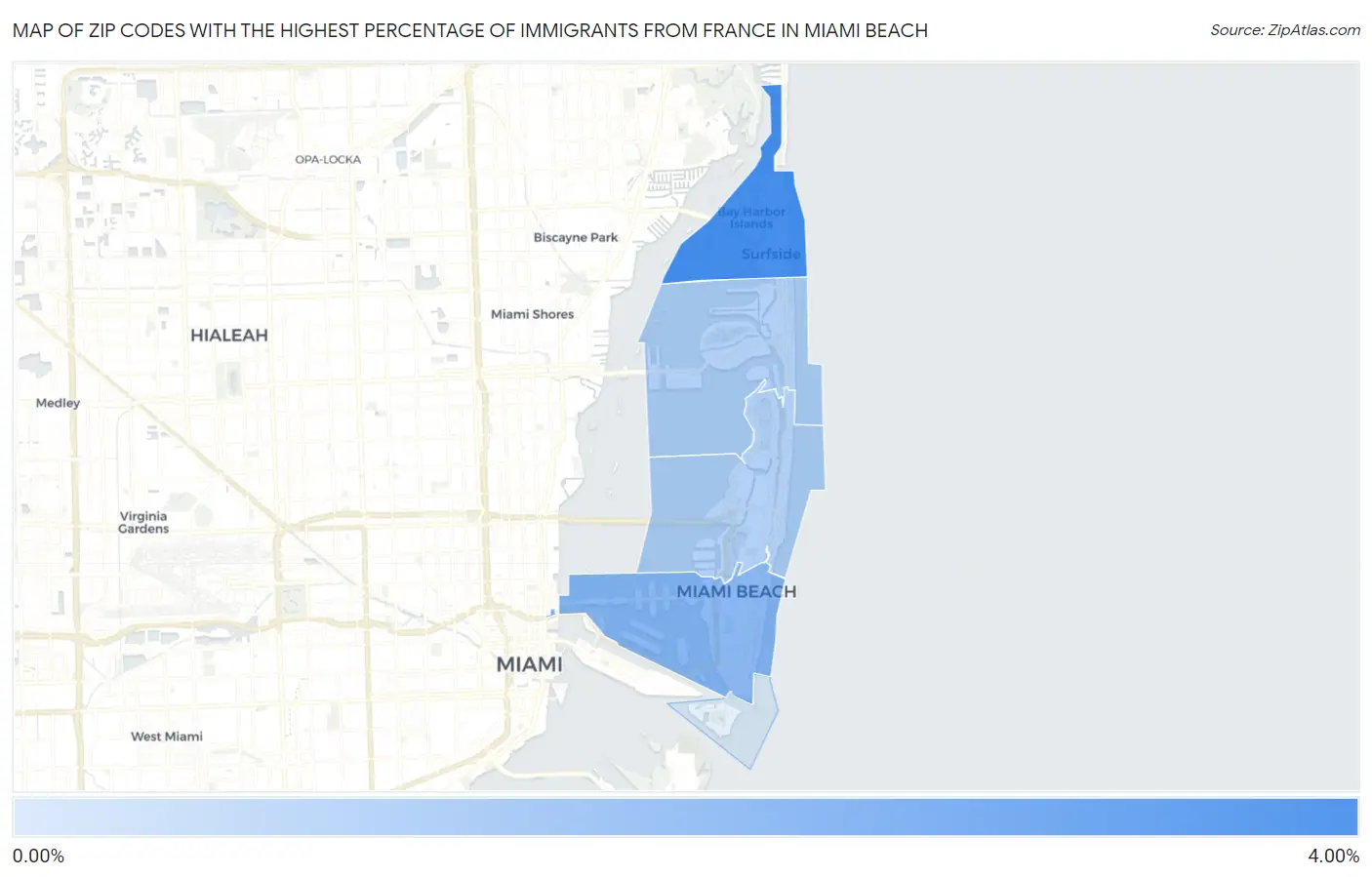 Zip Codes with the Highest Percentage of Immigrants from France in Miami Beach Map