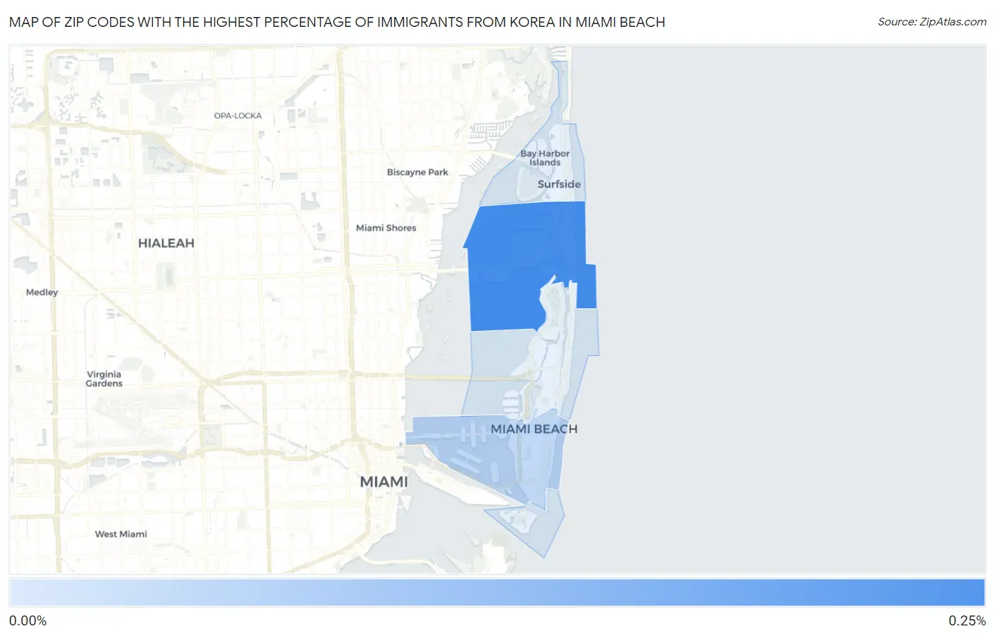 Zip Codes with the Highest Percentage of Immigrants from Korea in Miami Beach Map