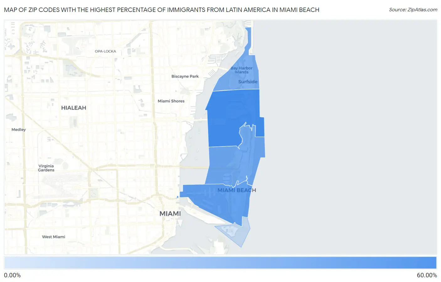 Zip Codes with the Highest Percentage of Immigrants from Latin America in Miami Beach Map