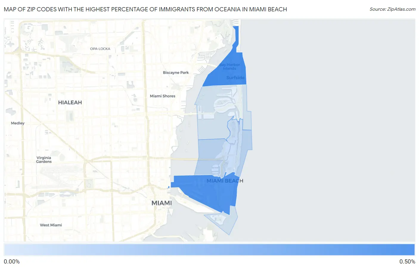 Zip Codes with the Highest Percentage of Immigrants from Oceania in Miami Beach Map