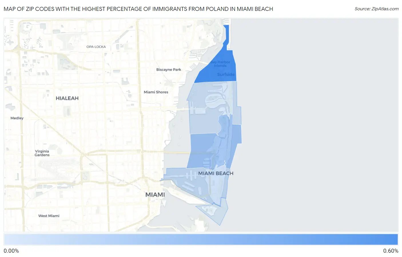 Zip Codes with the Highest Percentage of Immigrants from Poland in Miami Beach Map