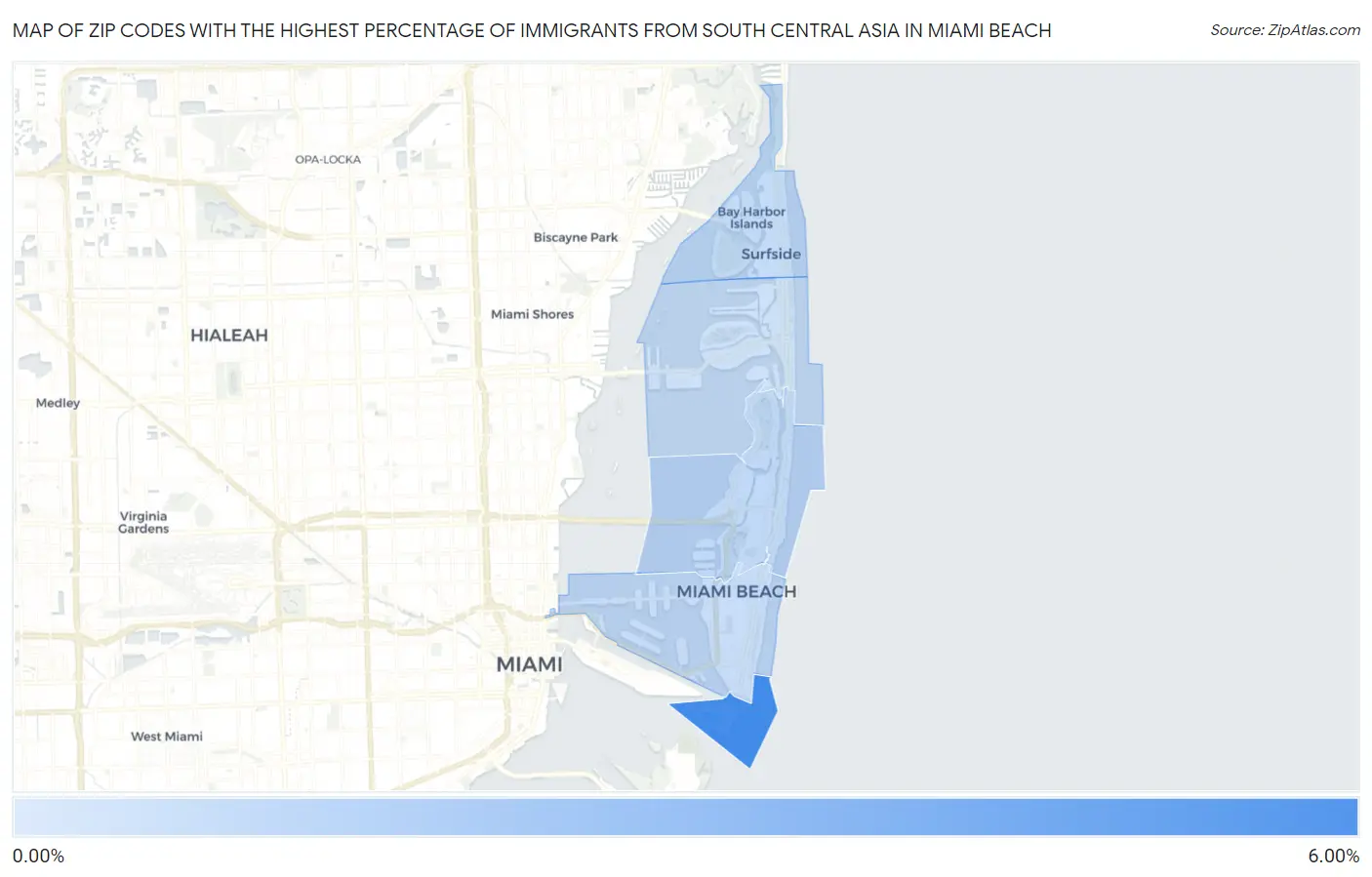 Zip Codes with the Highest Percentage of Immigrants from South Central Asia in Miami Beach Map