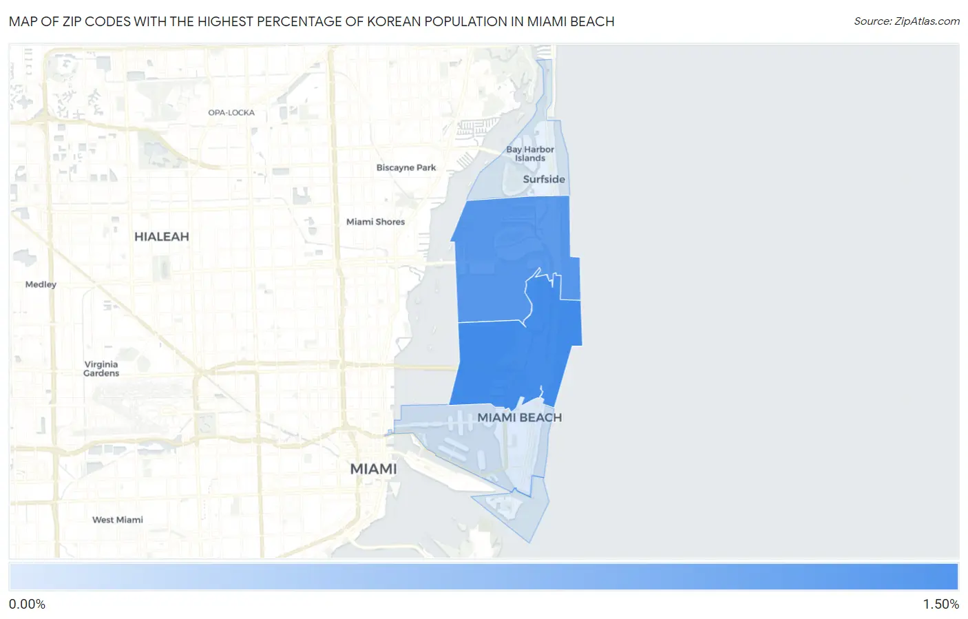 Zip Codes with the Highest Percentage of Korean Population in Miami Beach Map