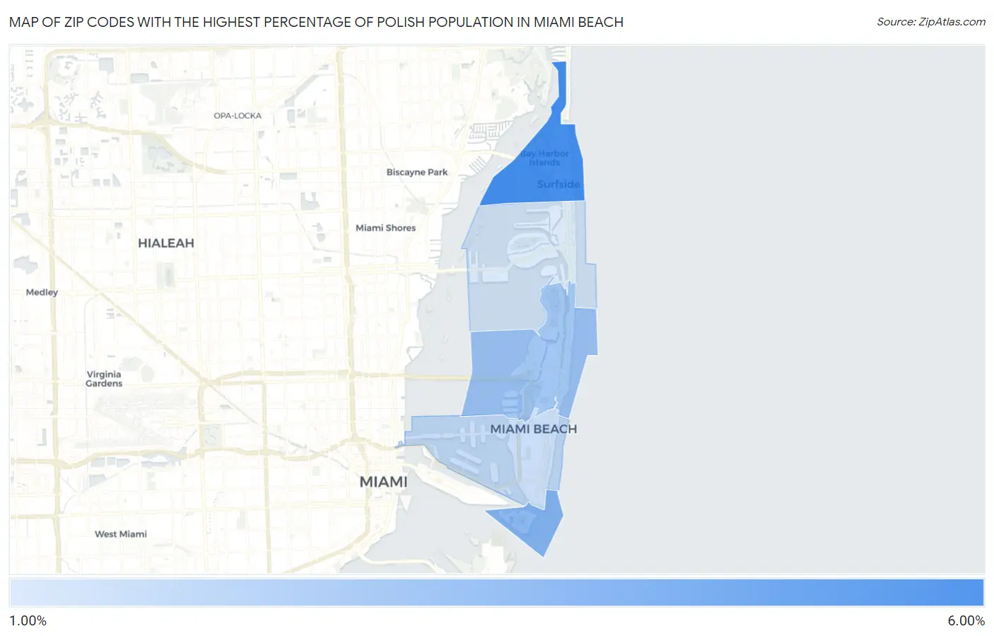 Zip Codes with the Highest Percentage of Polish Population in Miami Beach Map