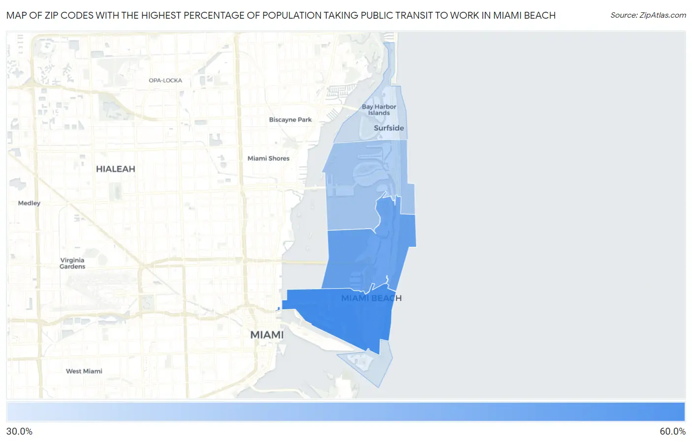 Zip Codes with the Highest Percentage of Population Taking Public Transit to Work in Miami Beach Map