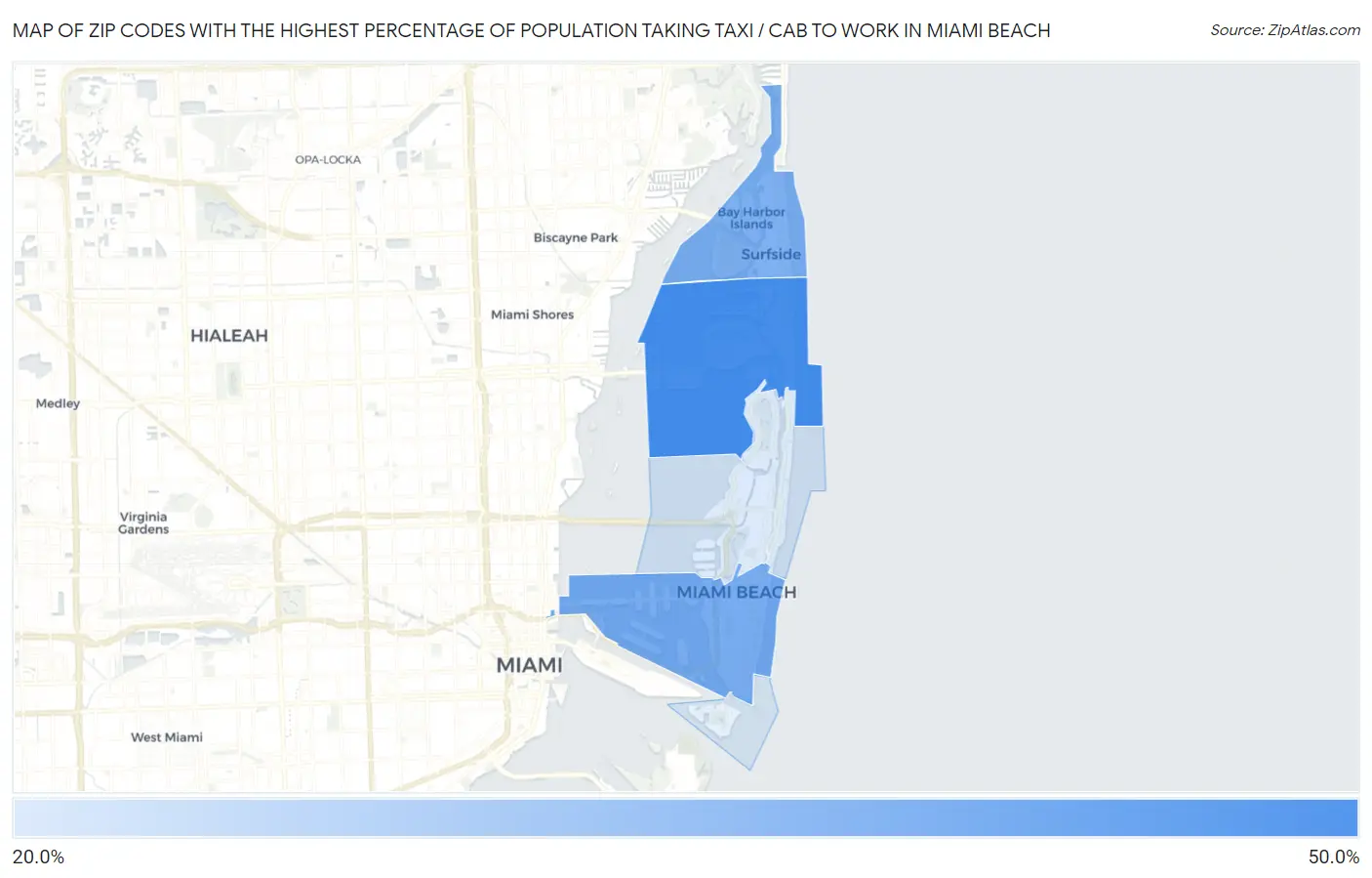 Zip Codes with the Highest Percentage of Population Taking Taxi / Cab to Work in Miami Beach Map