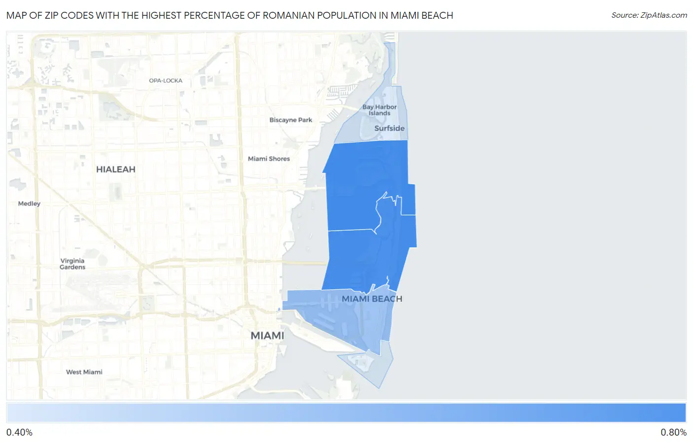 Zip Codes with the Highest Percentage of Romanian Population in Miami Beach Map