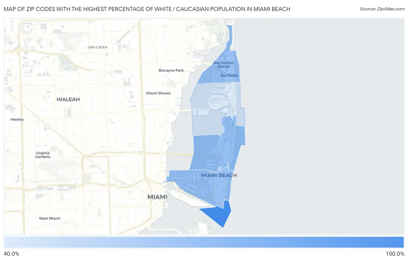 Zip Codes with the Highest Percentage of White / Caucasian Population in Miami Beach Map