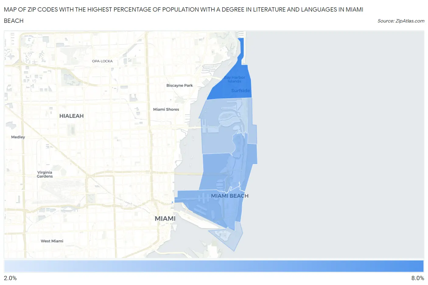 Zip Codes with the Highest Percentage of Population with a Degree in Literature and Languages in Miami Beach Map