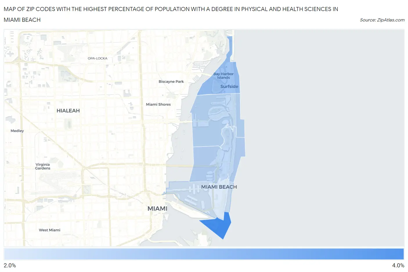 Zip Codes with the Highest Percentage of Population with a Degree in Physical and Health Sciences in Miami Beach Map
