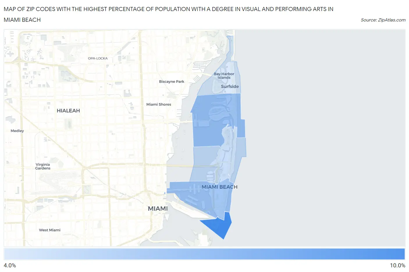 Zip Codes with the Highest Percentage of Population with a Degree in Visual and Performing Arts in Miami Beach Map