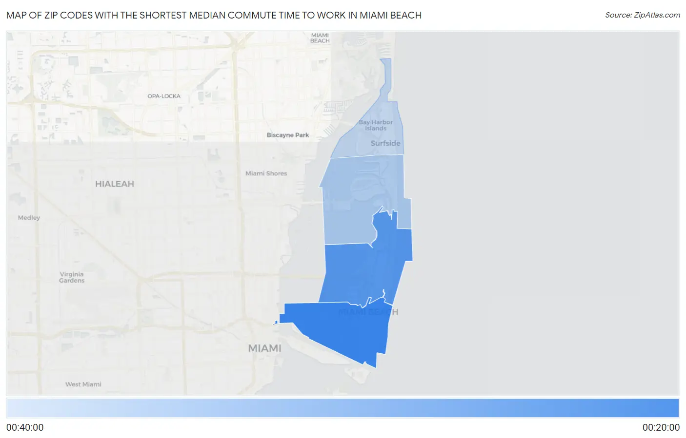 Zip Codes with the Shortest Median Commute Time to Work in Miami Beach Map