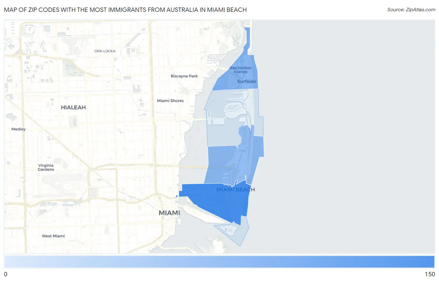Zip Codes with the Most Immigrants from Australia in Miami Beach Map