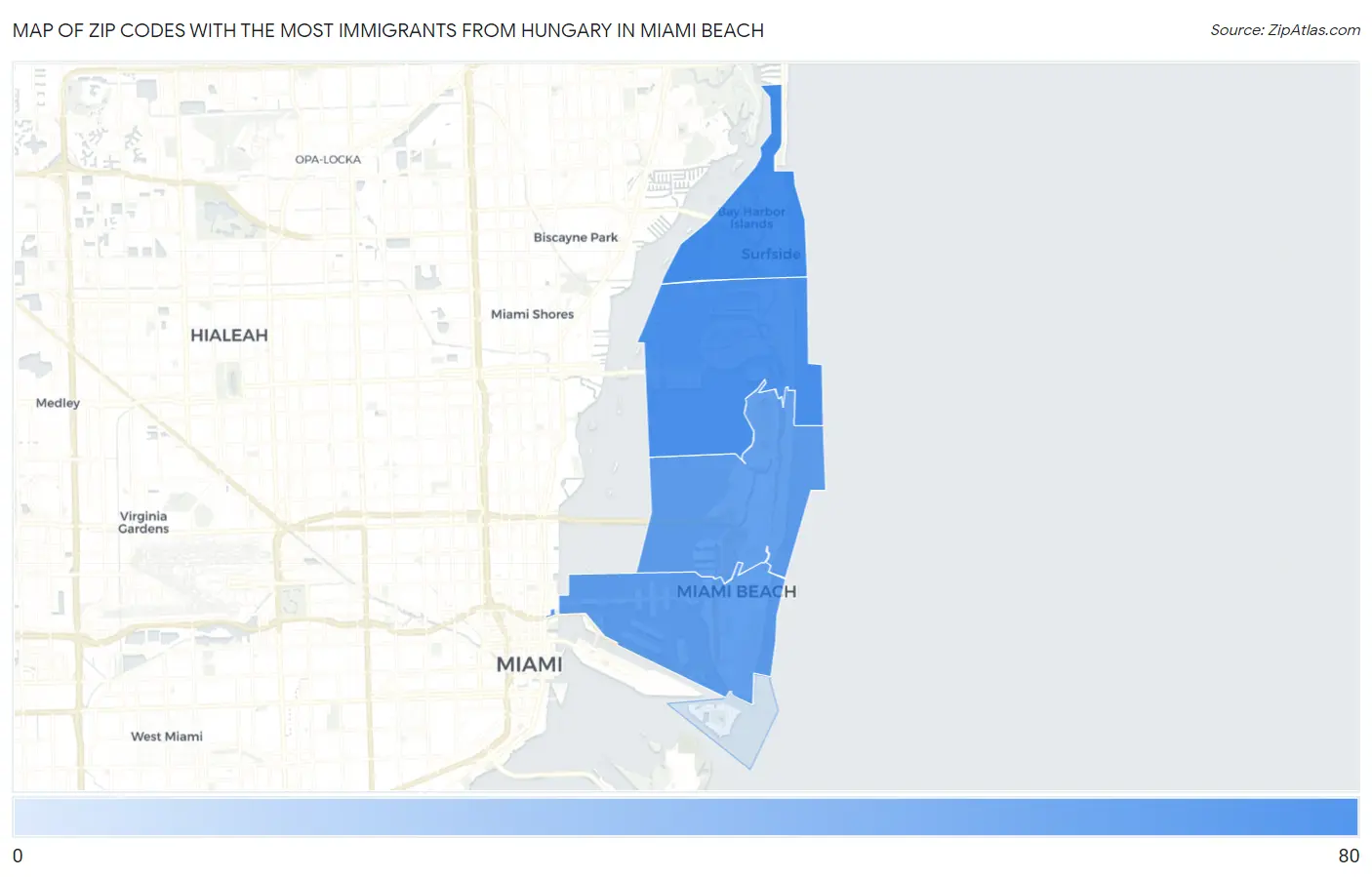 Zip Codes with the Most Immigrants from Hungary in Miami Beach Map