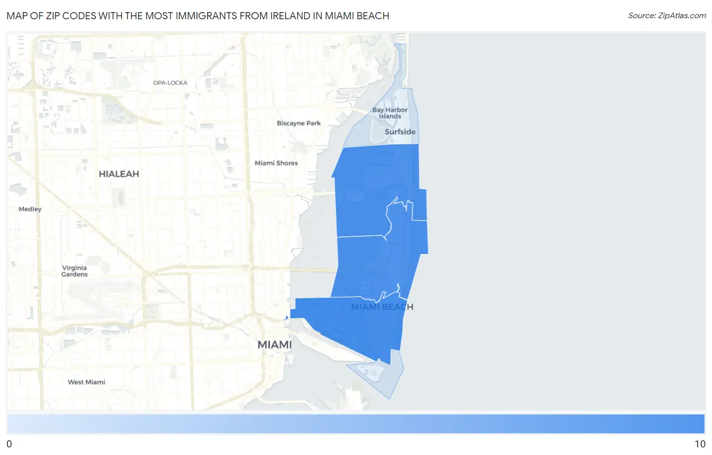 Zip Codes with the Most Immigrants from Ireland in Miami Beach Map