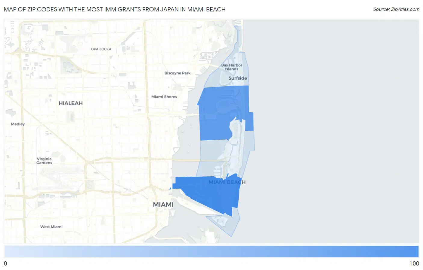 Zip Codes with the Most Immigrants from Japan in Miami Beach Map
