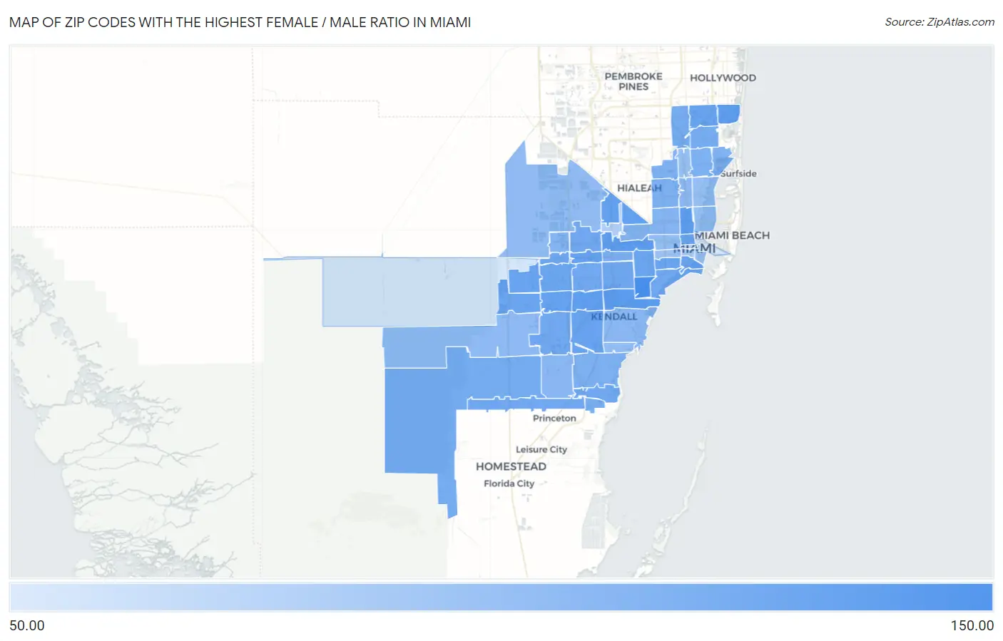 Zip Codes with the Highest Female / Male Ratio in Miami Map